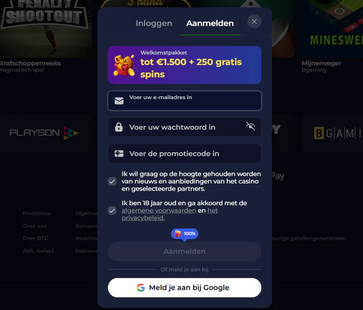 B7 Casino registratieformulier met een welkomstbonus tot €1.500 en 250 gratis spins, velden voor e-mail, wachtwoord en promotiecode en een aanmeldoptie via Google
